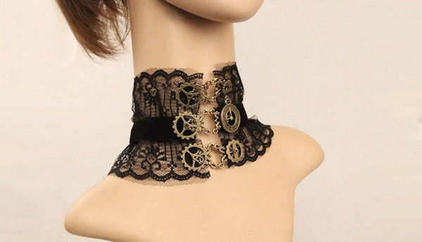 Black Lace Choker: Gothic Victorian Necklace with Gears