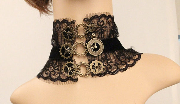 Black Lace Choker: Gothic Victorian Necklace with Gears