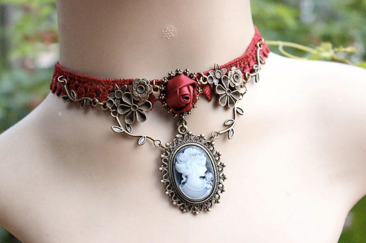 Red Lace Choker: Gothic Victorian Cameo Necklace