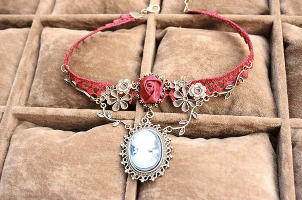 Red Lace Choker: Gothic Victorian Cameo Necklace