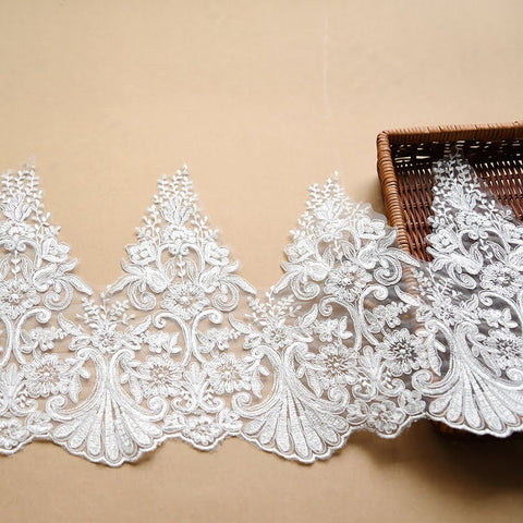 White Alencon Lace Trim: Bridal Dress Fabric, 11-inch Wide