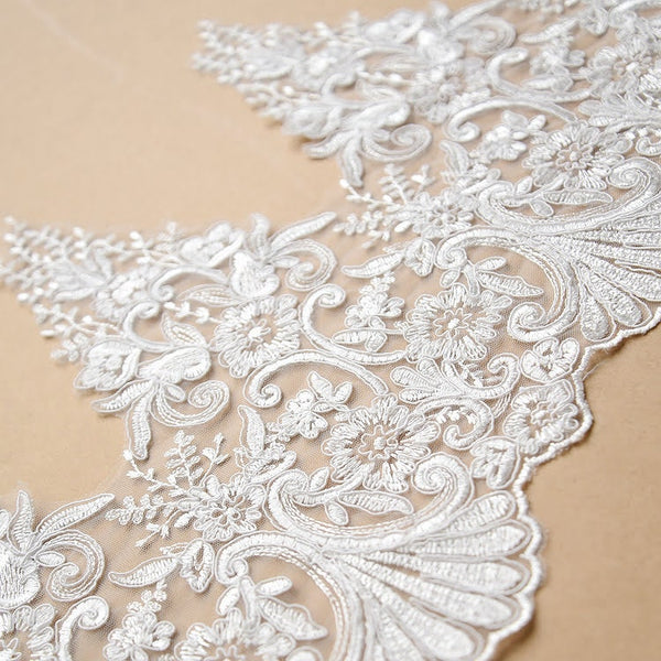 White Alencon Lace Trim: Bridal Dress Fabric, 11-inch Wide
