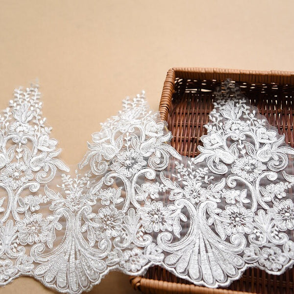 White Alencon Lace Trim: Bridal Dress Fabric, 11-inch Wide