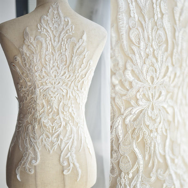 White Alencon Lace Applique: Bridal Dress Bodice Trim (13 3/4 x 22 1/2 in)