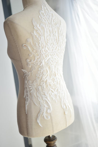 White Alencon Lace Applique: Bridal Dress Bodice Trim (13 3/4 x 22 1/2 in)