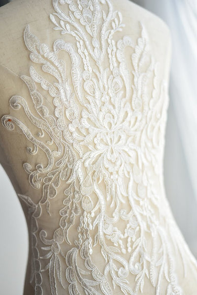 White Alencon Lace Applique: Bridal Dress Bodice Trim (13 3/4 x 22 1/2 in)