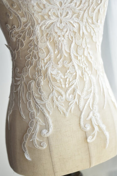 White Alencon Lace Applique: Bridal Dress Bodice Trim (13 3/4 x 22 1/2 in)