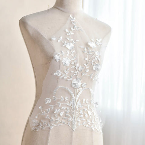 White Floral Lace Applique: Bridal Bodice Piece (17 3/8 x 12 1/4 in)