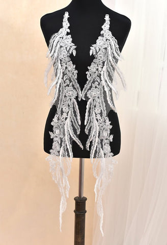Feather Lace Applique Pair: Bridal Dress Embellishments