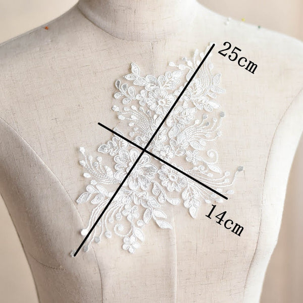 Embroidered Floral Lace Applique Pair for Bridal Gown