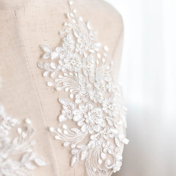 Embroidered Floral Lace Applique Pair for Bridal Gown