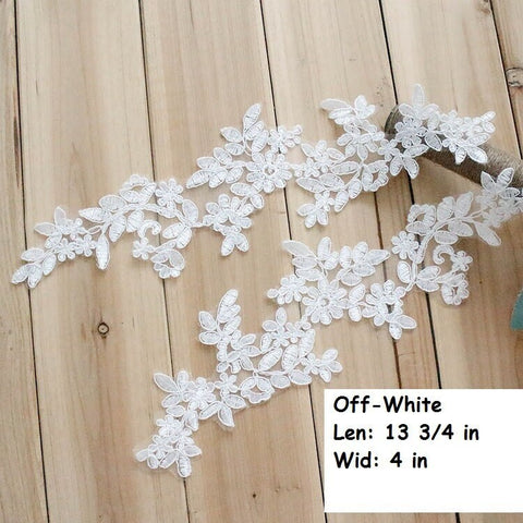 White Floral Lace Applique - Bridal Dress Trim (Pair)