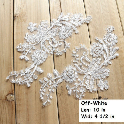 White Floral Lace Applique - Bridal Dress Trim (Pair)