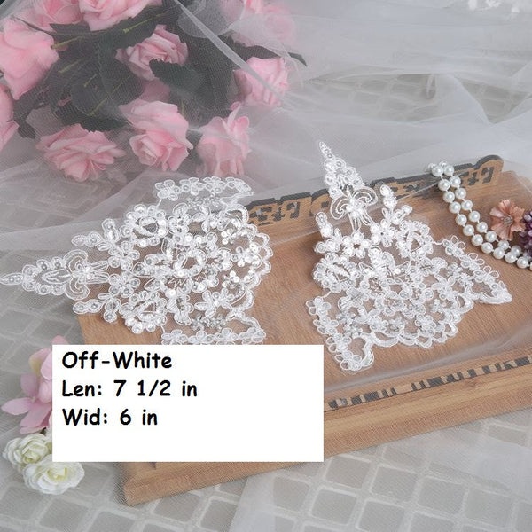 White Floral Lace Applique - Bridal Dress Trim (Pair)