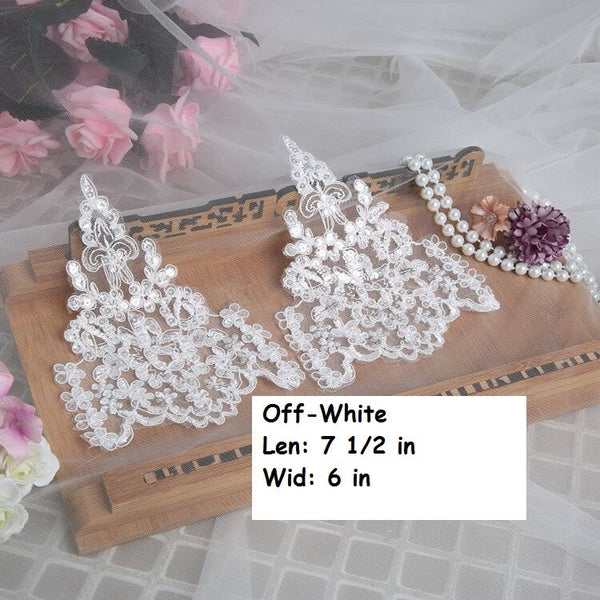 White Floral Lace Applique - Bridal Dress Trim (Pair)