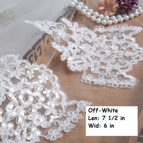 White Floral Lace Applique - Bridal Dress Trim (Pair)