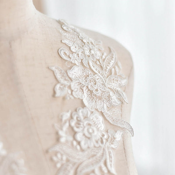 White Floral Lace Applique - Bridal Dress Trim (Pair)