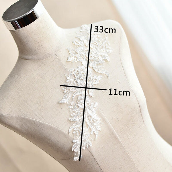White Floral Lace Applique - Bridal Dress Trim (Pair)