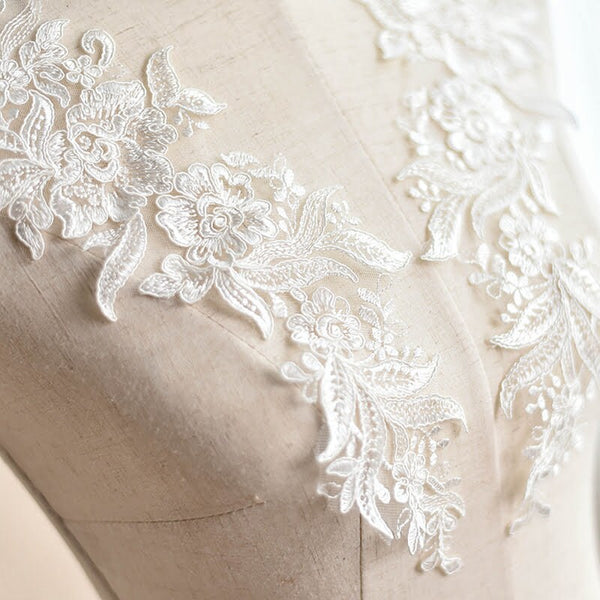 White Floral Lace Applique - Bridal Dress Trim (Pair)