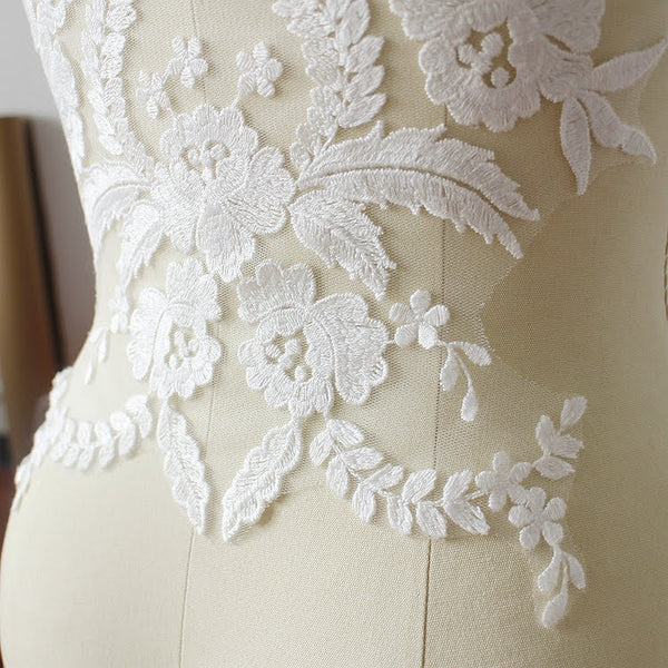 White Lace Bridal Applique: Elegant Wedding Dress Bodice Embellishment