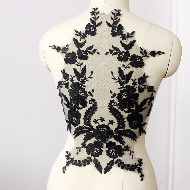 Lace Applique Black Embroidered on Mesh Fabric - Perfect Bodice Applique for Dresses & Gowns - Elegant Floral Design