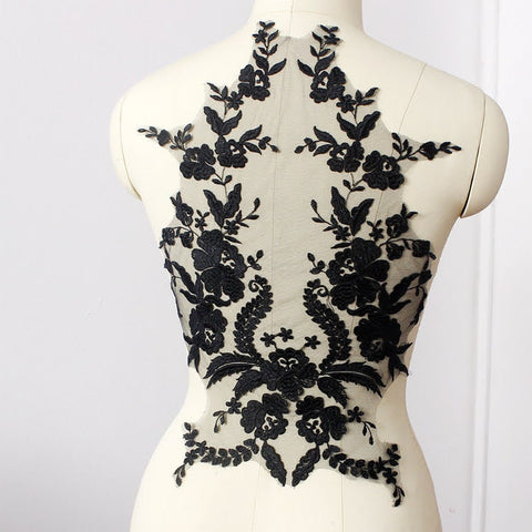 Lace Applique Black Embroidered on Mesh Fabric - Perfect Bodice Applique for Dresses & Gowns - Elegant Floral Design