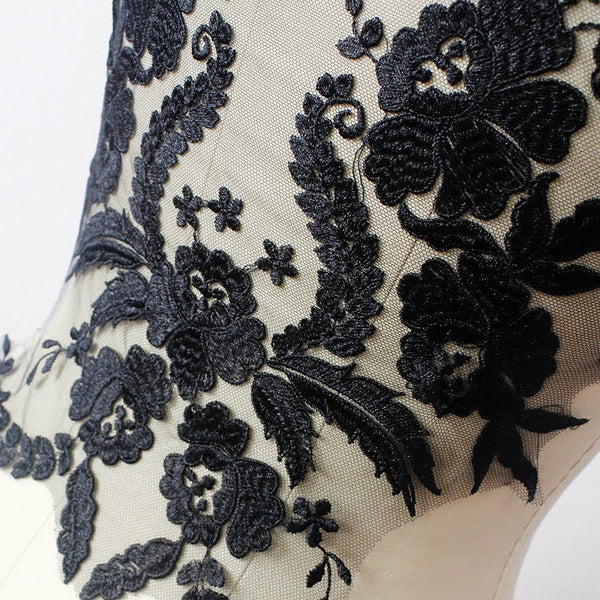 Lace Applique Black Embroidered on Mesh Fabric - Perfect Bodice Applique for Dresses & Gowns - Elegant Floral Design