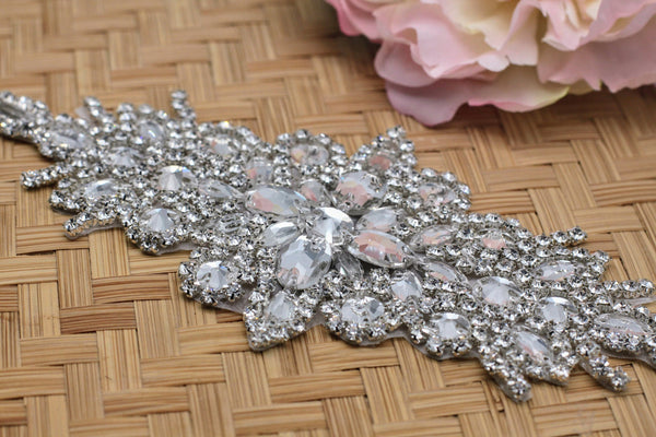 Bridal Dress Rhinestone Applique Belt, Glamorous Iron-On Embellishment for Elegant Wedding Look