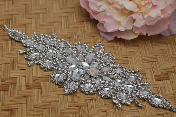 Bridal Dress Rhinestone Applique Belt, Glamorous Iron-On Embellishment for Elegant Wedding Look