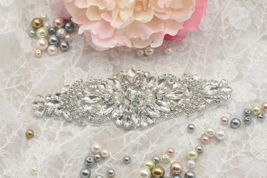 Rhinestone Bridal Applique: Iron-On Patch for Wedding Dress, 6x2 in