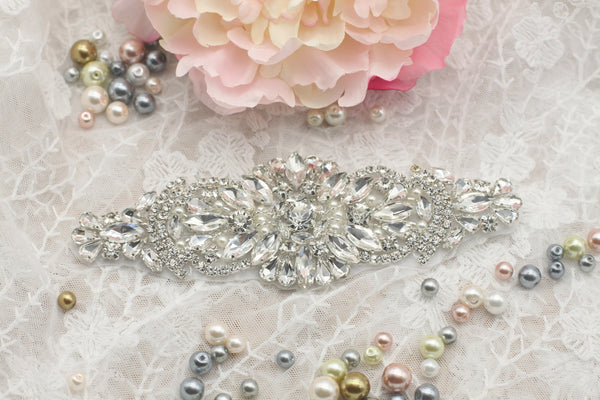 Rhinestone Bridal Applique: Iron-On Patch for Wedding Dress, 6x2 in