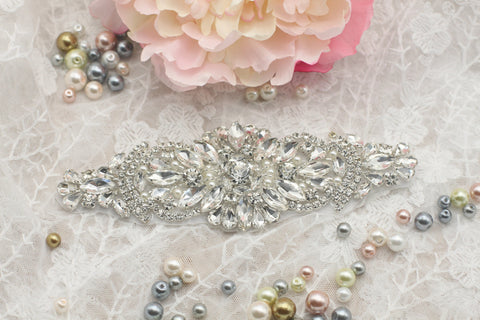 Rhinestone Bridal Applique: Iron-On Patch for Wedding Dress, 6x2 in