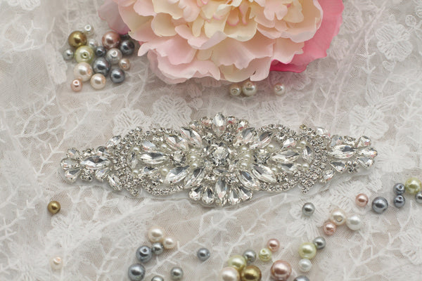 Rhinestone Bridal Applique: Iron-On Patch for Wedding Dress, 6x2 in