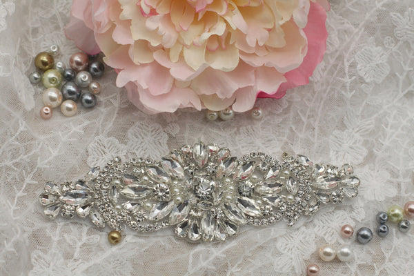 Rhinestone Bridal Applique: Iron-On Patch for Wedding Dress, 6x2 in