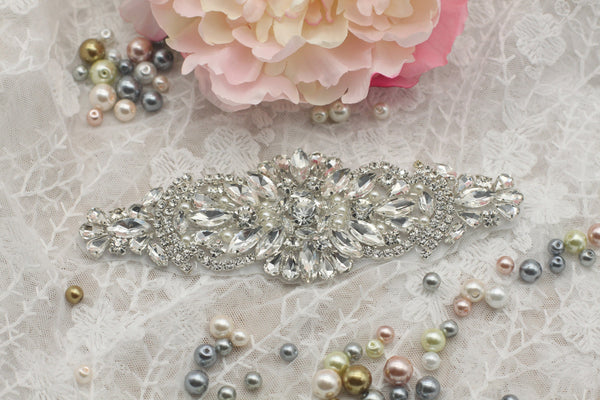 Rhinestone Bridal Applique: Iron-On Patch for Wedding Dress, 6x2 in