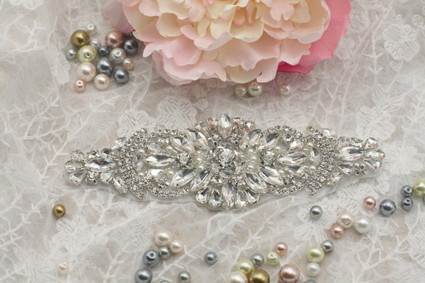 Rhinestone Bridal Applique: Iron-On Patch for Wedding Dress, 6x2 in