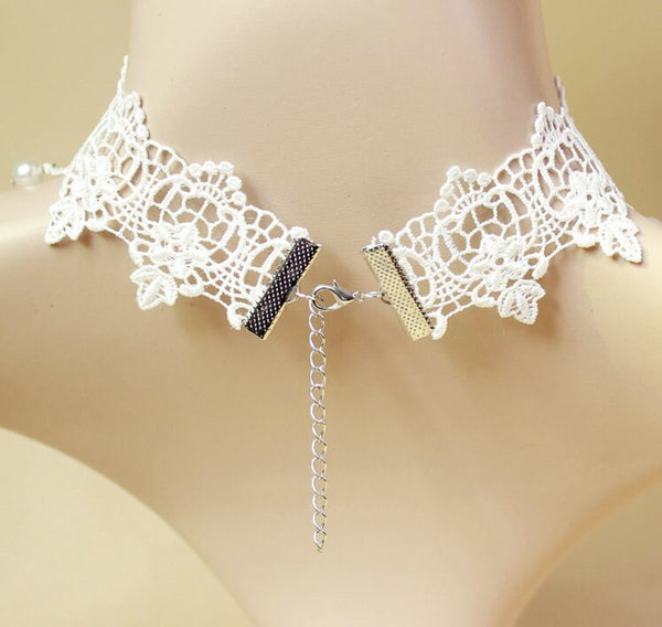 Lace Necklace White Gothic Choker with Pearls for Romantic Costume Party & Halloween Accessory