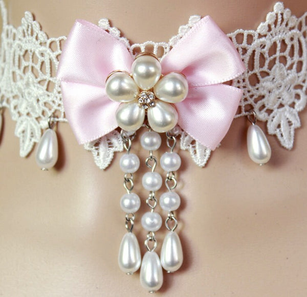 Lace Necklace White Gothic Choker with Pearls for Romantic Costume Party & Halloween Accessory