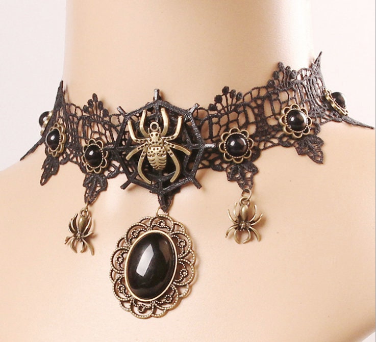 Black Lace Spider Choker: Gothic Halloween Necklace