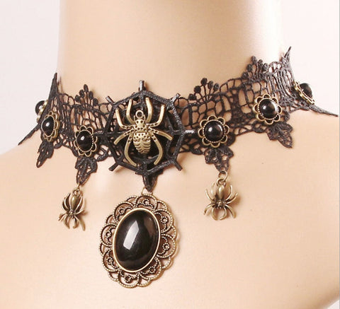 Black Lace Spider Choker: Gothic Halloween Necklace