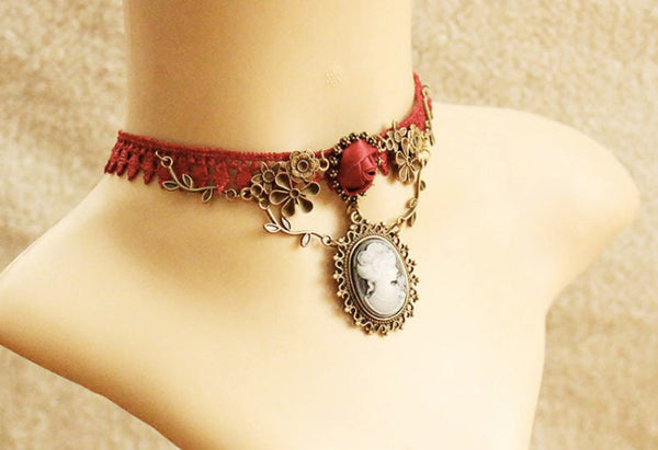 Red Lace Choker: Gothic Victorian Cameo Necklace