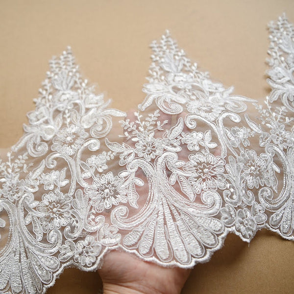White Alencon Lace Trim: Bridal Dress Fabric, 11-inch Wide