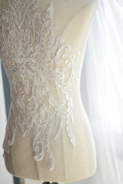 White Alencon Lace Applique: Bridal Dress Bodice Trim (13 3/4 x 22 1/2 in)