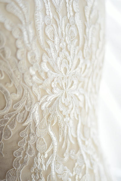 White Alencon Lace Applique: Bridal Dress Bodice Trim (13 3/4 x 22 1/2 in)