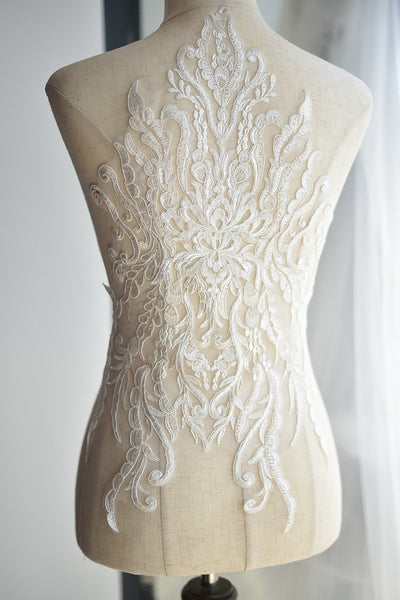 White Alencon Lace Applique: Bridal Dress Bodice Trim (13 3/4 x 22 1/2 in)
