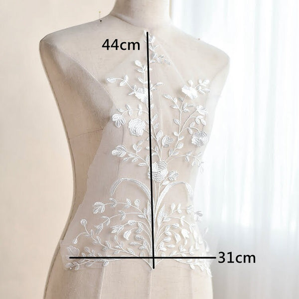 White Floral Lace Applique: Bridal Bodice Piece (17 3/8 x 12 1/4 in)