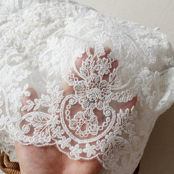 White Alencon Lace Trim: Bridal Wedding Dress Fabric, 11-inch