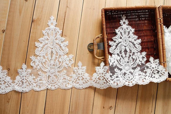 White Alencon Lace Trim: Bridal Wedding Dress Fabric, 11-inch