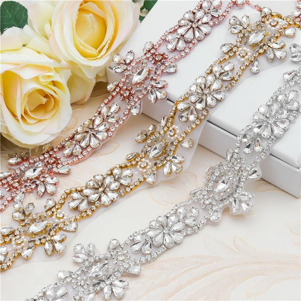 Rhinestone Bridal Applique: Iron-On Patch, Dress Belt Trim (2in Wide)