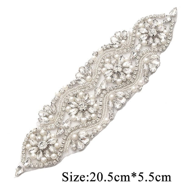 Rhinestone Bridal Applique: Iron-On Patch for Wedding Dress Belt (8x2.25 in)